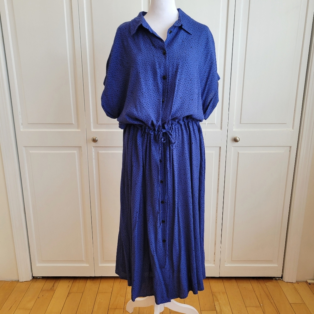 Women’s Navy Blue Button-Front Maxi Dress with Drawstring Waist